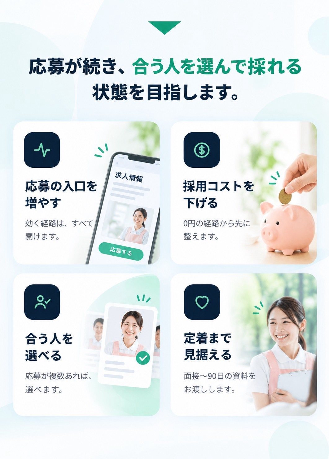 応募が続き、合う人を選んで採れる状態を目指します。応募の入口を増やす。採用コストを下げる。合う人を選べる。定着まで見据える。